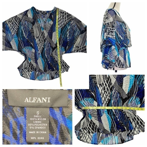 ALFANI Multi-Tone Blue Mixed Media Smocked Waist Poncho Kimono Blouse - Picture 9 of 10